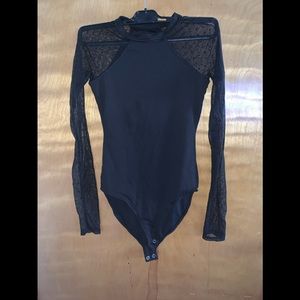 Good American - Black Bodysuit with Sheer Polka Dot Sleeves - Size 1